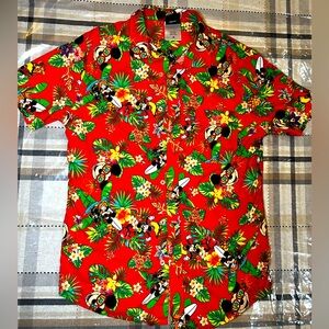 Disney Shirt Unisex Medium Red Hawaiian Mickey Mouse Button Up Short Sleeve